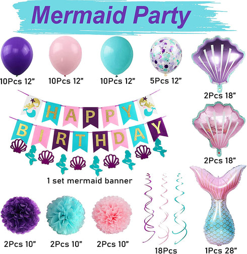 Mermaid Party Supplies Birthday Decorations, Happy Birthday Banners, Pom Poms Flowers, Hanging Swirl, Inflatable and Reusable Foil Balloons for Girl's Birthday Party and Baby Shower Party Decorations