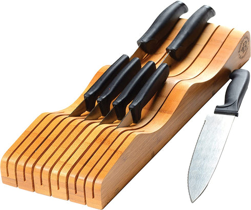 Bamb¼si Knife Drawer Organizer - Bamboo In Drawer Knife Block - Wooden Kitchen Countertop Knife Holder Organization - Holds 10-16 Knives (Not Included) - Keep Knifes Blades Store Without Pointing Up