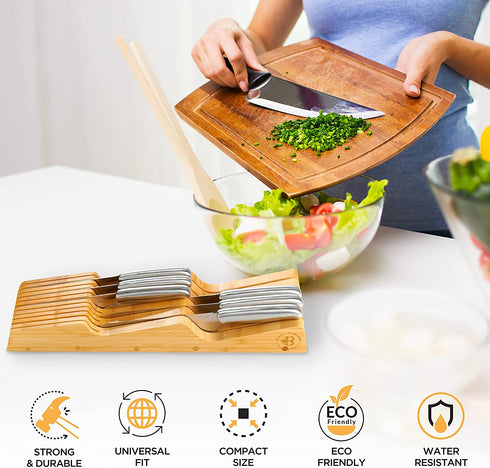 Bamb¼si Knife Drawer Organizer - Bamboo In Drawer Knife Block - Wooden Kitchen Countertop Knife Holder Organization - Holds 10-16 Knives (Not Included) - Keep Knifes Blades Store Without Pointing Up