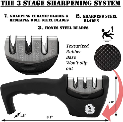 Knife Sharpeners for Steel and Ceramic Kitchen Knives - Manual Handheld System to Safely Sharpen and Hone your Knife - Includes Cut Resistant Glove and Blade Cloth (Black)