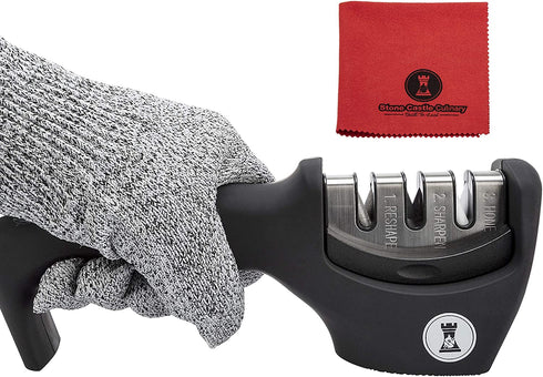 Knife Sharpeners for Steel and Ceramic Kitchen Knives - Manual Handheld System to Safely Sharpen and Hone your Knife - Includes Cut Resistant Glove and Blade Cloth (Black)