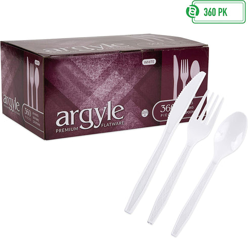 White Plastic Silverware | Heavy Duty & Solid Cutlery Disposable Utensils Set | Perfect for Weddings, Buffets, Luncheon & More | 180 Forks, 120 Spoons & 60 Knives Combo Pack | 360 Count