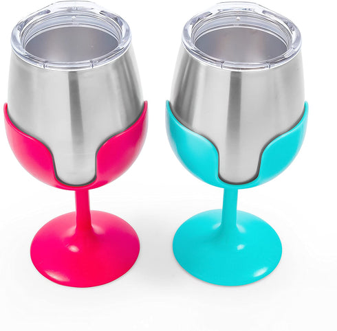 Camco 51915 Stainless Steel Wine Tumbler Set with Removable Fuchsia Pink and Teal Blue Wine Glass Stems- Leak Proof Lid, Vacuum Insulated, BPA Free 8 oz