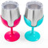 Camco 51915 Stainless Steel Wine Tumbler Set with Removable Fuchsia Pink and Teal Blue Wine Glass Stems- Leak Proof Lid, Vacuum Insulated, BPA Free 8 oz