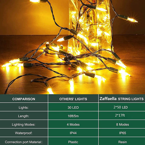 Battery Operated String Lights, 2 Pack 50 LED Christmas Lights Waterproof Mini Lights Set with 8 Modes for Outdoor Indoor Christmas Tree Wreath Wedding Patio Party Garden Decor Warm White