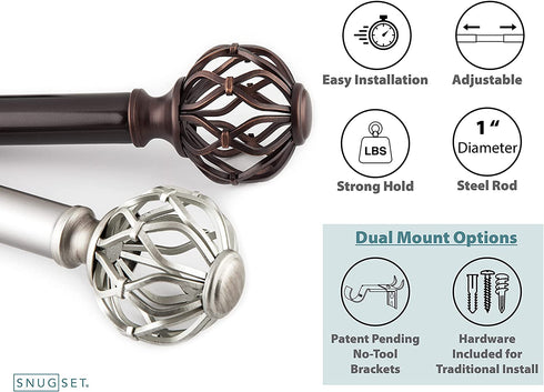 SnugSet | Quick Easy Installation | No Tools Option | 72"-144" Adjustable | 1" Dia. Durable Steel Rod | 4 Brackets Included | Supports Heavy Fabrics | Decorative Nickel Cage Ball Finial