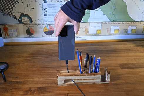 Wooden Phone Stand & Desk Pen Holder | HoffengWell Docking Station Organizer | Desktop Solid Wood Cup Pencil Storage | Office Cell Charging Organization Caddy