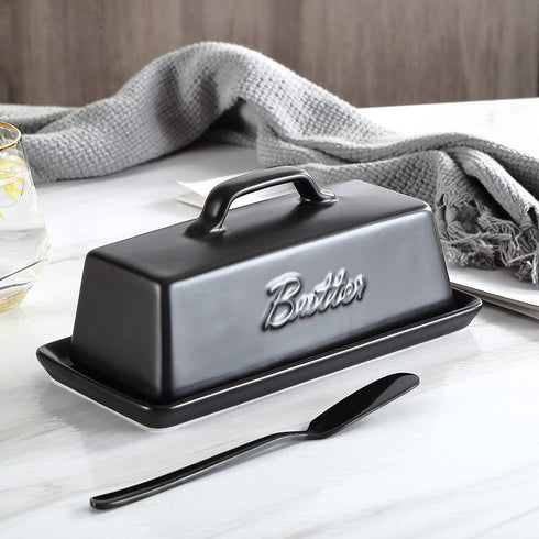 Ceramic Butter Dish with Lid, Covered Butter Keeper - Handle Design - Dishwasher Safe, 7.5 Inch Wide, Black