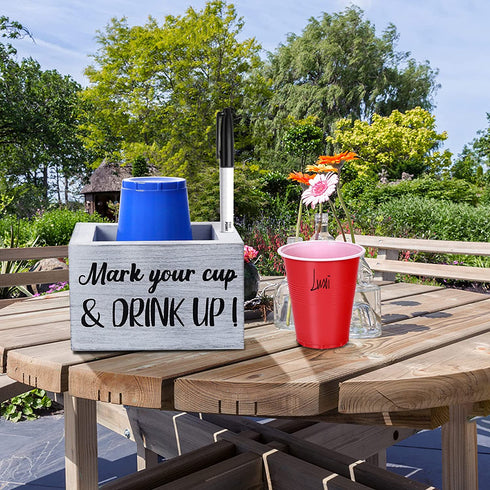Solo Cup Holder with Marker Slot Mark Your Cup and Drink Up Dispenser Wooden Cup Organizer Farmhouse Rustic Bar Wedding Party Housewarming Decor Hostess Bridal Couples Gift for Bathroom Kitchen
