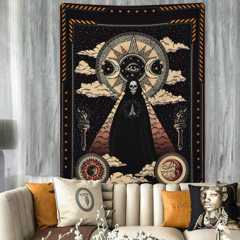 Sevenstars Wizard Skull Tapestry Solar Iris Tapestry Sun and Moon Tapestry Star and Cloud Tapestry Tarot Tapestry for Room