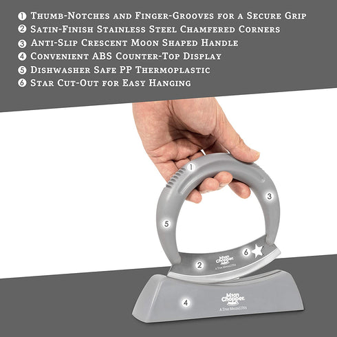 A True Mezzaluna Chopper, 5.5" Rust-Resistant Stainless Steel, Pizza Cutter, Salad Cutter, Food Chopper, Rocker Knife with a Sharp Mincing Blade, Crescent-Moon Shaped Safety Handle, Dishwasher Safe