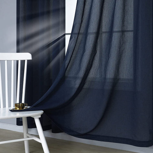 Navy Blue Sheer Curtains 84 Inches Long for Boys Bedroom 2 Panels Set Non See Through Semi Sheer Faux Cotton Soften Touch Drapes Blossy Wave Textured Silky Window Curtains for Living Room