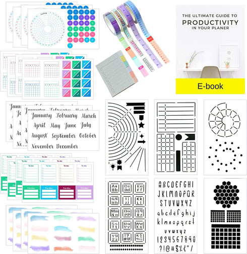 Ultimate Productivity Journal Supplies Kit - 31 Piece Set, Custom-Designed Supplies for Bullet Dotted Journals, Includes Stickers, Stencils, Washi Tapes and Sticky Notes by Sunny Streak