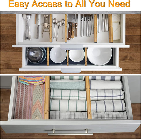 FULUSELEC Adjustable Drawer Dividers Bamboo Organizers with Insert, Expandable Utensil Holder Dresser Drawer Separators for Home, Office, Dressers and Bathroom - 13.25-17 inch