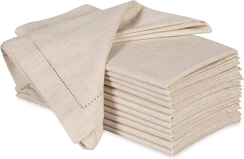 Hausattire Cloth Dinner Napkins in Cotton Flax Fabric with Hemstitched Detailing & Mitered Corners - 20x20 Inches (Set of 12, Natural)
