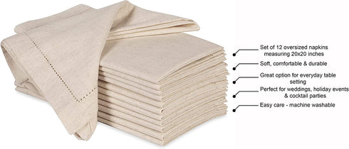 Hausattire Cloth Dinner Napkins in Cotton Flax Fabric with Hemstitched Detailing & Mitered Corners - 20x20 Inches (Set of 12, Natural)
