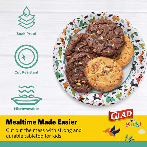 Glad for Kids Dinosaur Paper Plates, 20 Count - 6 Pack | Small Round Paper Plates With Cute Dinosaur Design for Kids | Heavy Duty Disposable Soak Proof Microwavable Paper Plates for All Occasions, 7 I