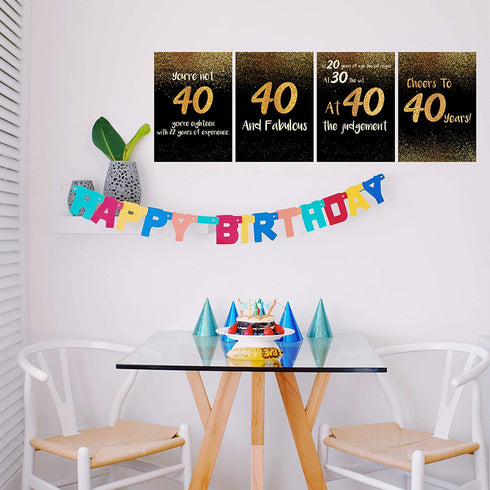 SCENE: YOURSELF Happy 40th Birthday Decorations for Men Women 40th Birthday Gifts 40th Birthday Party Decor 11.7" x 16.5" Unframed Paper Matte Lamination Set of 4 Posters Prints, Black Gold