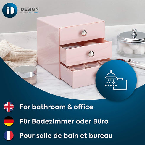 iDesign Plastic 3-Drawer Jewelry Box, Compact Storage Organization Drawers Set for Cosmetics, Dental Supplies, Hair Care, Bathroom, Office, Dorm, Desk, Countertop, 6.5" x 6.5" x 6.5", Pink