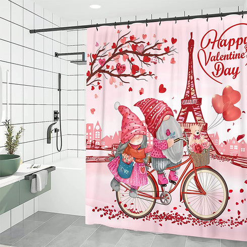 Valentines Shower Curtain for Bathroom, Happy Valentine's Day Gnomes by Bike Waterproof Bath Curtain, Valentine Love Tree Eiffel Tower Fabric Shower Curtains with Hooks for Home Decorations, 72"x72"