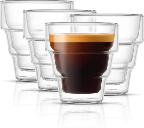 JoyJolt Pila Double Walled Espresso Glasses, Set of 4 Espresso Cups 3 Ounce Capacity. Stackable Thermal Clear Glass Cups, Ideal Fit for Espresso Machine and Coffee Maker