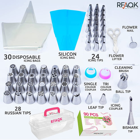 90PCs Russian Piping Tips Complete Set-Cake Piping Bags and Tips Set,Cookie,Cupcake& Cake Decorating Kit Baking Supplies-Cake Frosting Tools,28 Russian Tips,24 Icing Tips,Leaf&Ball Tips,31 Pastry Bags