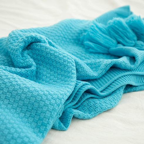 Sylanfia Blue Throw Blanket for Couch, Thin Woven Bed Throw with Pompom for Sofa, Knitted Throw Blanket for Home Decor, Suitable for All Season Rustic Blanket 50"x 60"