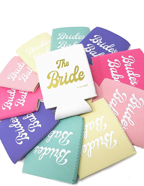 BRIDE'S BABES Bachelorette Party Can Sleeves - 11 Pack Insulated Neoprene Drink Holders for Regular Cans Bottles | Decorations, Supplies & Favors (Retro Rainbow)