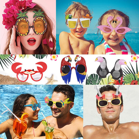 Golray 9 Pairs Luau Party Sunglasses for Adult Kids Hawaiian Tropical Birthday Party Favors Bulk Glasses with Flamingo Parrot Flip Crab, Summer Beach Pool Party Decoration Supplies Favors Props