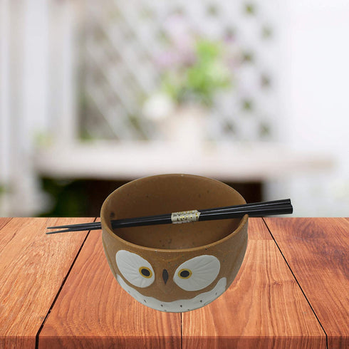 Brown Owl Noodle Bowl with Chopstick Holder for Ramen Soup or Pho, Cute Kitchen Accessory for Girls, 5 Inches