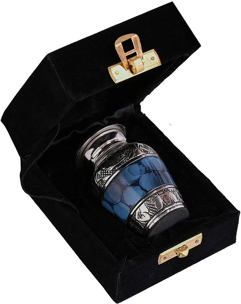 Blue Keepsake Urn - Mini Cremation Urn Black Velvet Small Box - Blue Urn for Human Ashes - Small Funeral Urn Blue Decorative Urn for Human Ashes Mini Keepsake Urn Small Urn for Loved One