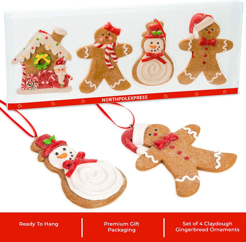 Gingerbread Christmas Ornaments - Man Boy Girl Gingerbread House Snowman Cookie Rustic Christmas Decorations Set of 4 - Claydough Christmas Tree Decorations - Christmas Tree Ornaments with Gift Box