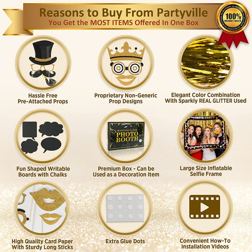 Partyville Photo booth Props - Real Gold Glitter Pre Assembled 23 Pcs Wedding Photo Booth Props - Customizable Birthday Photo Booth Props Selfie Frame & Foil Backdrop Roaring 20s Photo Booth Props