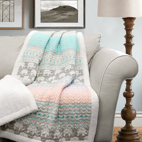 Lush Decor Turquoise & Pink Elephant Stripe Fuzzy Reversible Sherpa Throw Blanket 60 x 50, 60" x 50"