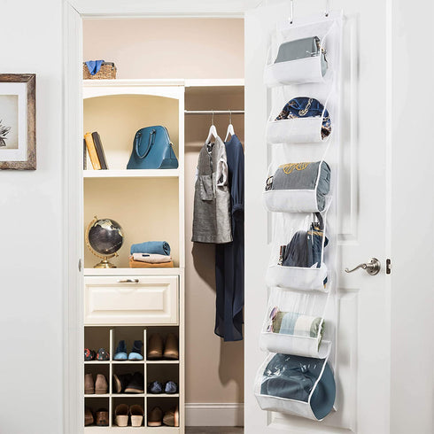 Over The Door Purse Organizer & Storage (2Pack) Handbag Organizer with 6 Easy Access Deep Pockets - Durable Metal Hooks, Handbag Organizer with Clear Pockets -Ideal for Scarf, Umbrella/Accessories Etc