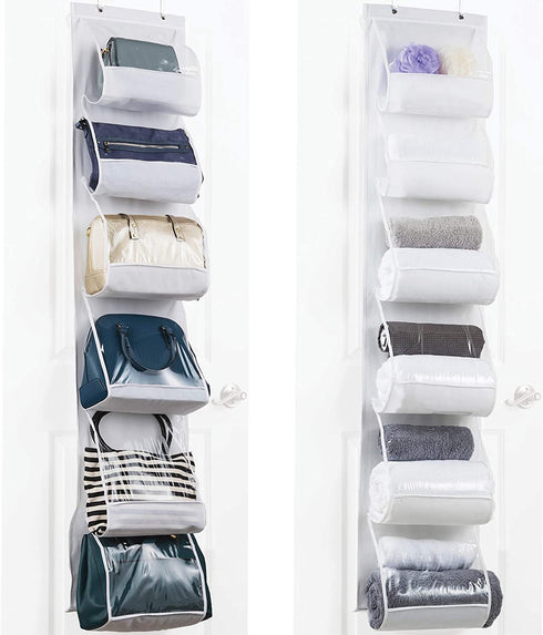 Over The Door Purse Organizer & Storage (2Pack) Handbag Organizer with 6 Easy Access Deep Pockets - Durable Metal Hooks, Handbag Organizer with Clear Pockets -Ideal for Scarf, Umbrella/Accessories Etc