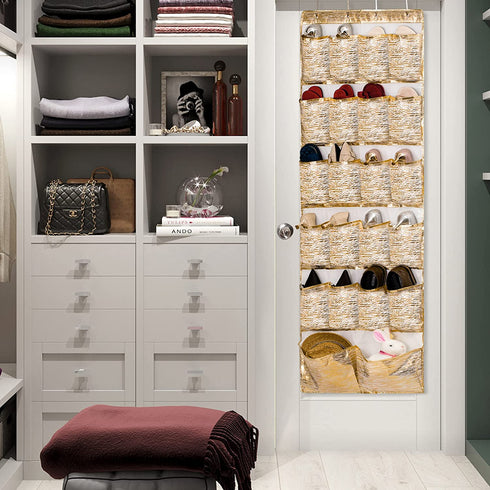 DAMAHOME Over The Door Shoe Organizer 22 Breathable Large Pockets Hanging Shoes Rack Closet Storage Holder with 4 Metal Hooks for Men Women Kids Nursery Organizer, Gold Modern Pattern, 67?x23?