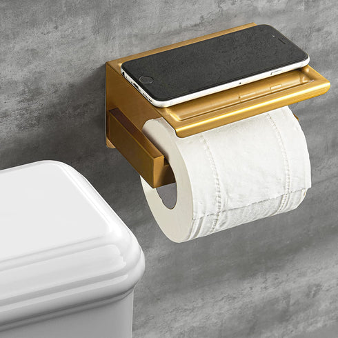 HITSLAM Gold Toilet Paper Holder, Stick on Brushed Brass Toilet Paper Holder with Shelf, Self Adhesive No Drill or Wall-Mount with Screws for Bathroom