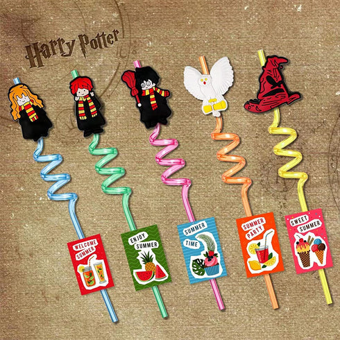 25 Harry Party Favors Straws, Reusable Plastic Straws 5 Design for Kids Wizard Potter Party Supplies Favors, with 2 Cleaning Brushes, Har/25