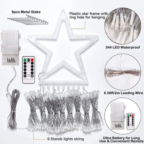 344 LED Star String Lights Fairy Christmas - Waterfall 13ft 3 x Large D Battery Operated Outdoor & Indoor Waterproof 8 Modes & Timer Remote for Christmas Tree Topper, Holiday Decorations (Warm White)
