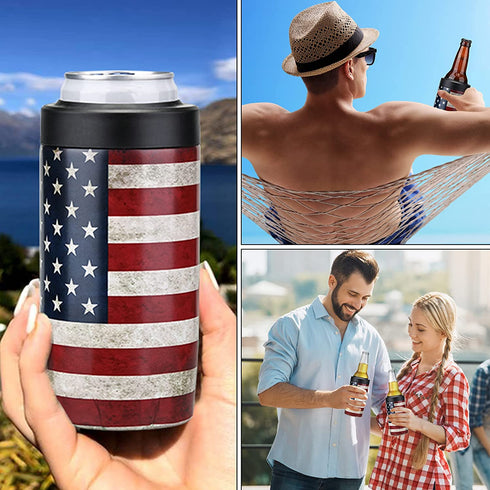 Maxso Slim Can Cooler, 4-in-1 Double Walled Stainless Steel Insulated Beer Can Holder, Works With All 12 Oz Cans,Bottles & As A Pint Cups | America Flag
