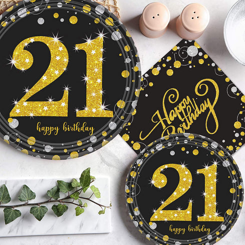 Trgowaul 21st Birthday Party Supplies - Black and Gold Disposable Paper Plates, Napkins, Cups, Tablecover Forks, Knives and Spoons for 24 Guests and Party Number Balloon Decorations Banner