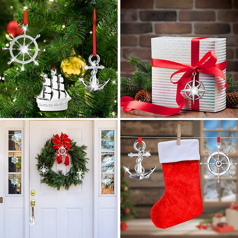 4 Pieces Silver Christmas Tree Ornament Nautical Navy Christmas Ornament Boat Helm and Anchor Christmas Decor with Red Rope and Christmas Bags