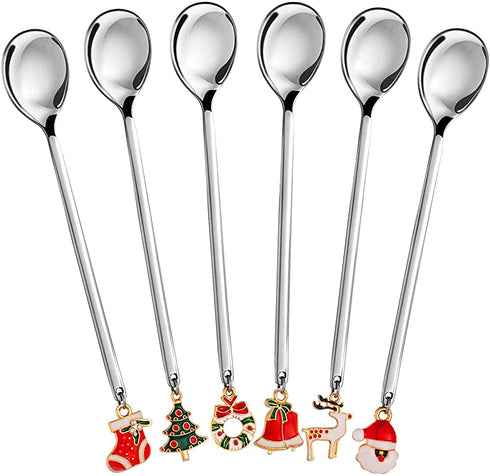 btdeal Christmas Spoons with Gift Box, Stainless Steel Stirring Spoon Tea Spoon Coffee Spoon with Christmas Pendant for Xmas Party Tableware Decor, 6pcs/Set (Silver)
