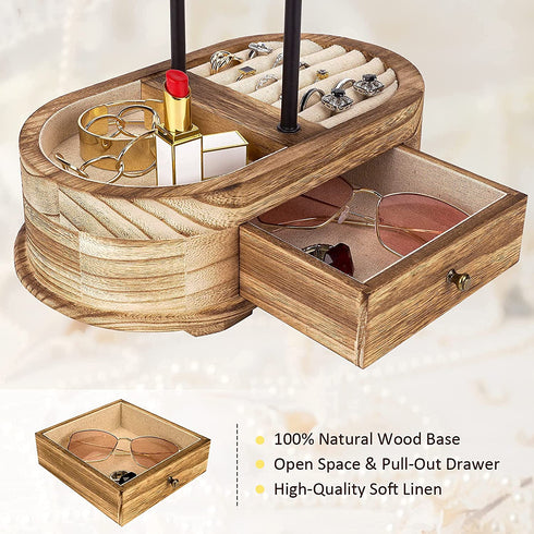 Emfogo Jewelry Organizer Tree Stand Wood Basic Jewelry Drawer Storage Box with Double Rods & 3 Tier Jewelry Holder Bracelet Organizer Necklaces Earring Ring Display(Carbonized Black)