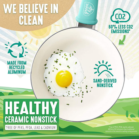 GreenLife Soft Grip Healthy Ceramic Nonstick 12" Frying Pan Skillet, PFAS-Free, Dishwasher Safe, Turquoise