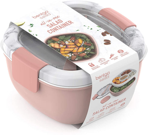 Bentgo® Salad - Stackable Lunch Container with Large 54-oz Salad Bowl, 4-Compartment Bento-Style Tray for Toppings, 3-oz Sauce Container for Dressings, Built-In Reusable Fork & BPA-Free (Blush Marble)