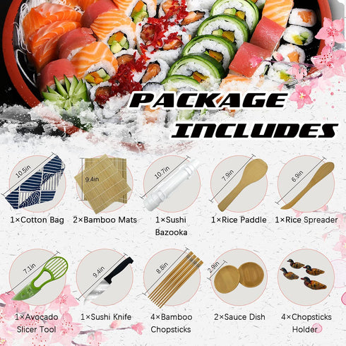 MOLAD 18 Pcs Sushi Making Kit For Beginners, Bamboo Sushi Mat, All In One Sushi Bazooka Maker with Bamboo Mats, Bamboo Chopsticks, Paddle, Sushi Knife, Chopsticks Holder, DIY Sushi Roller Machine