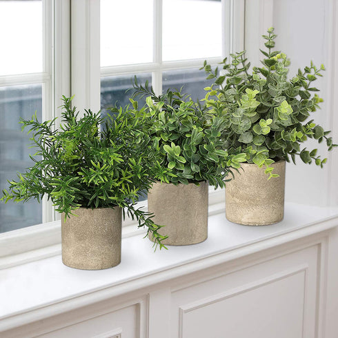 SUNJOYCO 3 Pack Mini Fake Plants, Artificial Potted Plants Faux Greenery Eucalyptus Rosemary Plants for Home Office Table Desk Shower Kitchen Shelf Bedroom Bathroom Decoration Indoor Outdoor Decor