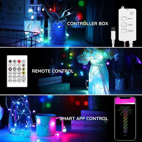 Halussoer Smart Fairy String Lights, 32.8Ft 66Led Fairy Lights Plug in, Music Sync App Control Twinkle Lights with Remote, RGB Firefly Lights for Bedroom Room Party Birthday Patio Christmas Decor